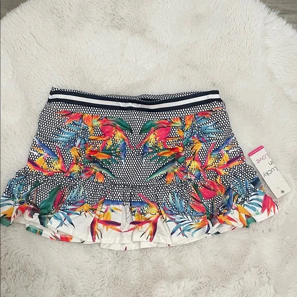 Lucky in Love Copa Ruche Skirt in a multicolored tropical print. - Picture 1 of 8
